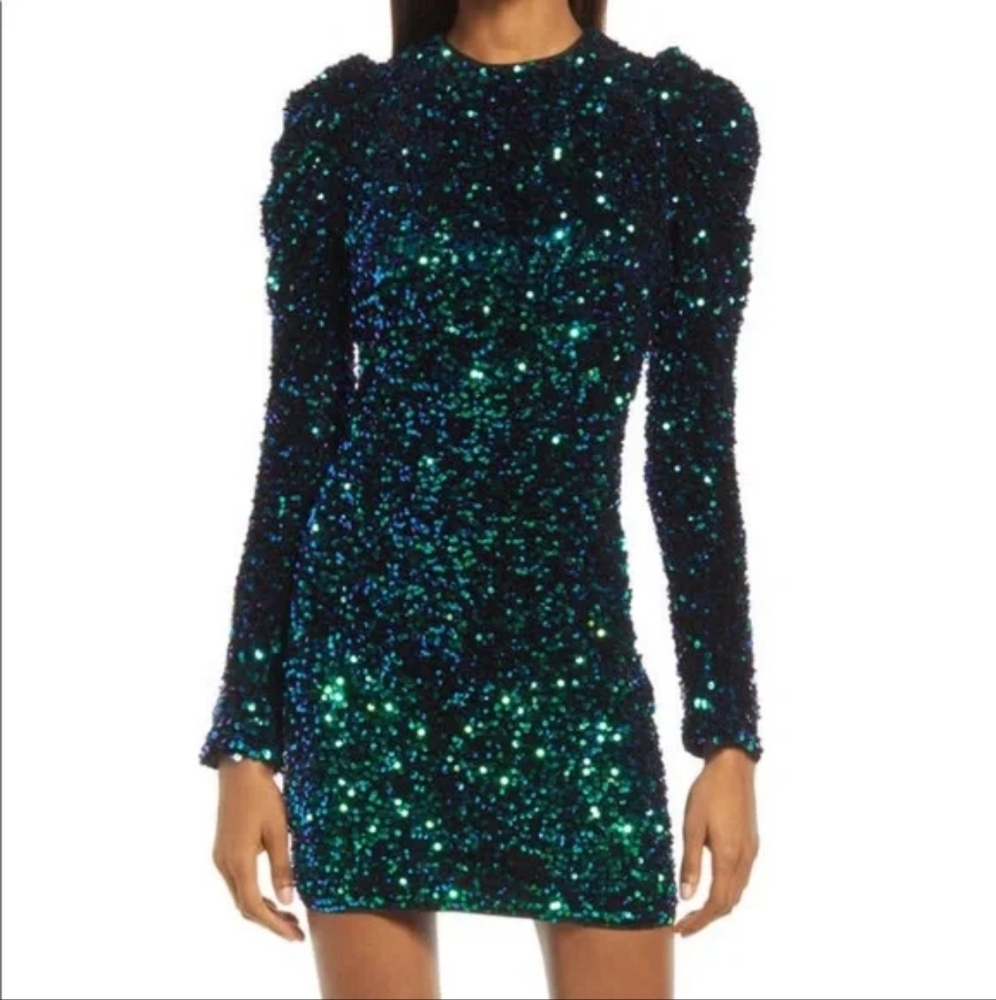 ADELYN RAE sequin green/blue long sleeve party dress L